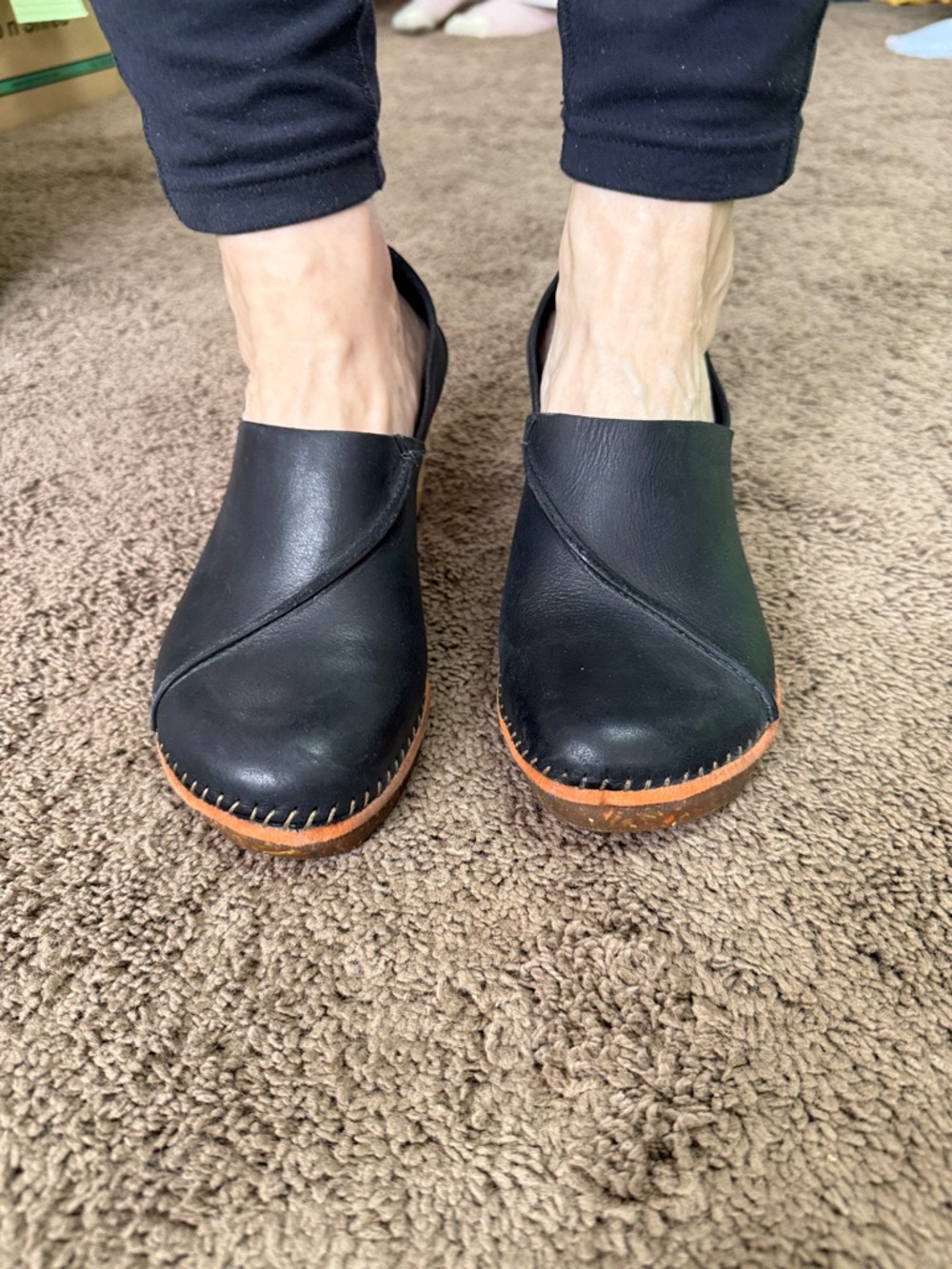 Women's Black Leather Slip-On Clogs with Tan Contrast Sole